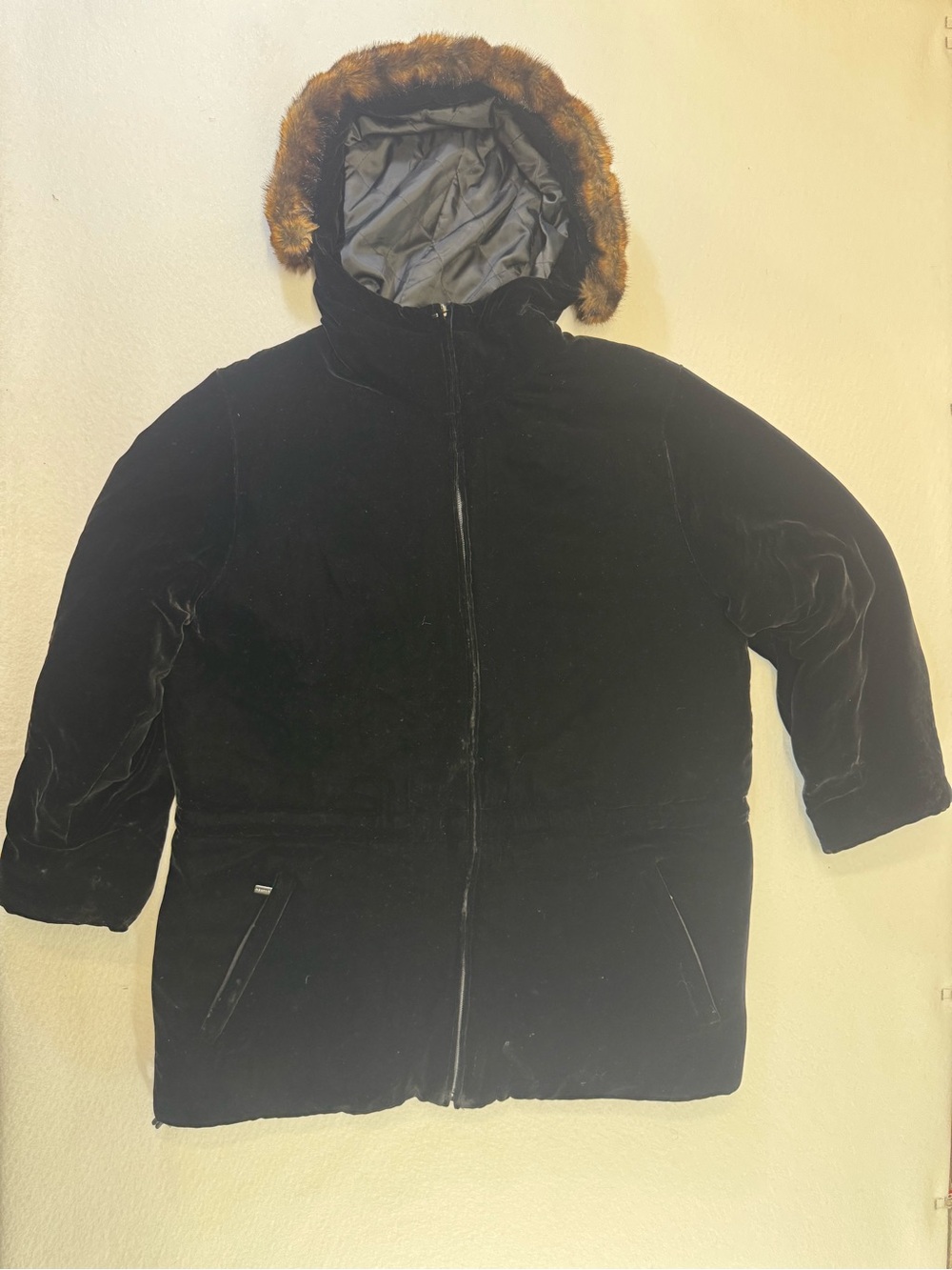 Lauren Ralph Lauren silk blend Black Hooded Ski Coat with Faux Fur *stain